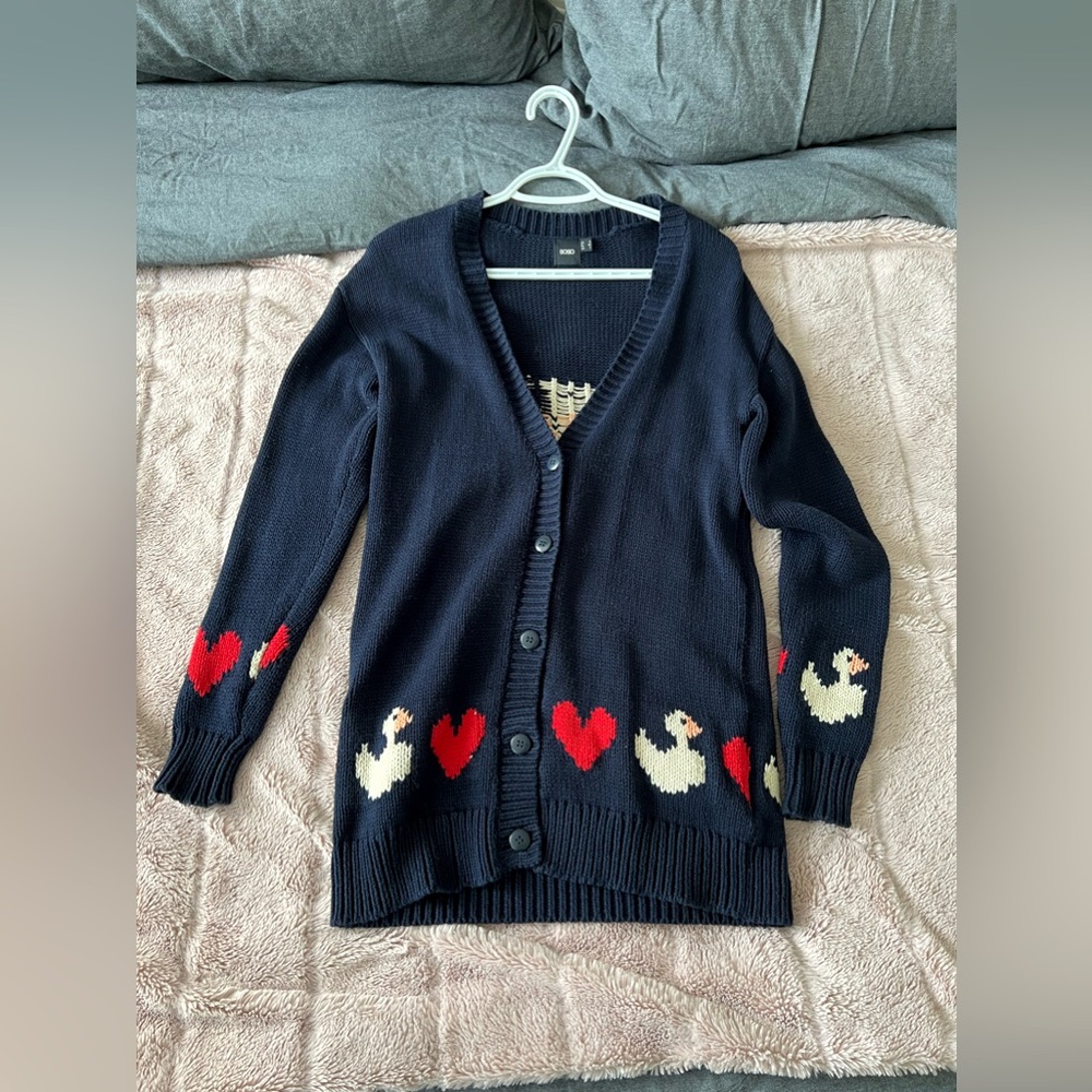 ASOS knit cardigan - UK 8 - NAVY BLUE with cute swans and hearts details!